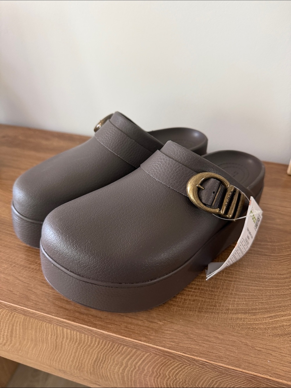 CROCS Women's Platform Clog in Dark Brown with Brass Buckle